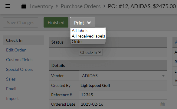 Purchase order details highlighting label printing options