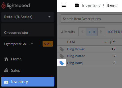 Item search page, highlighting quick label print button