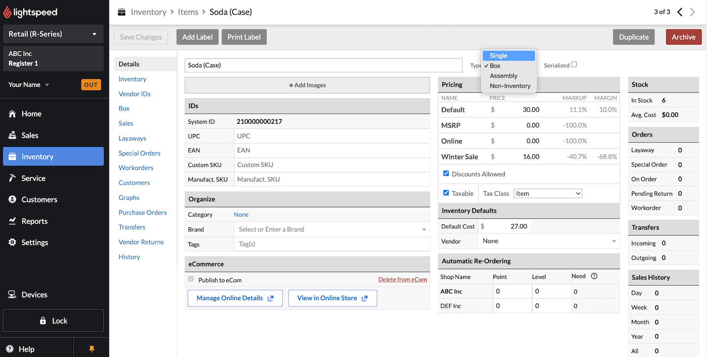 Details page with Type drop-down menu showing and Single highlighted.