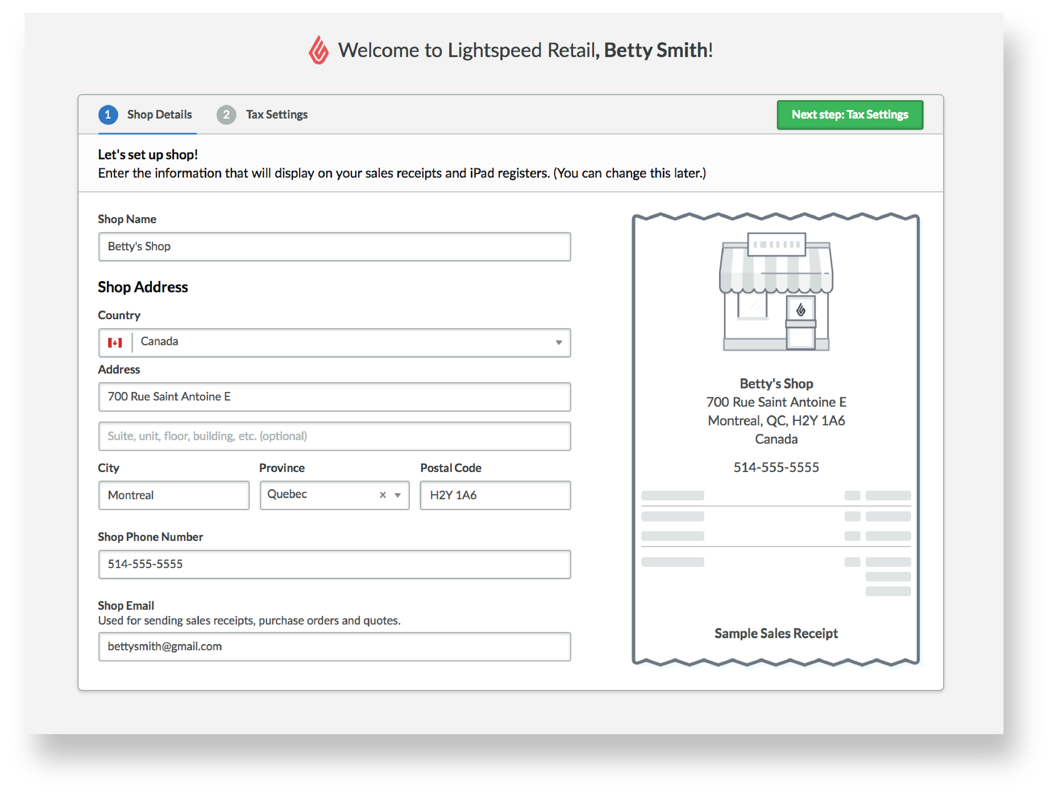 Setup page with fields to fill in shop details and a mock up image of a sample sales receipt.
