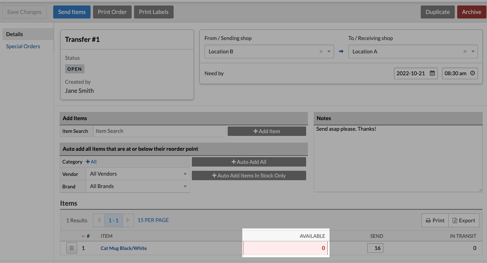 Transfer screen showing the quantity of an item highlighted as unable to send.