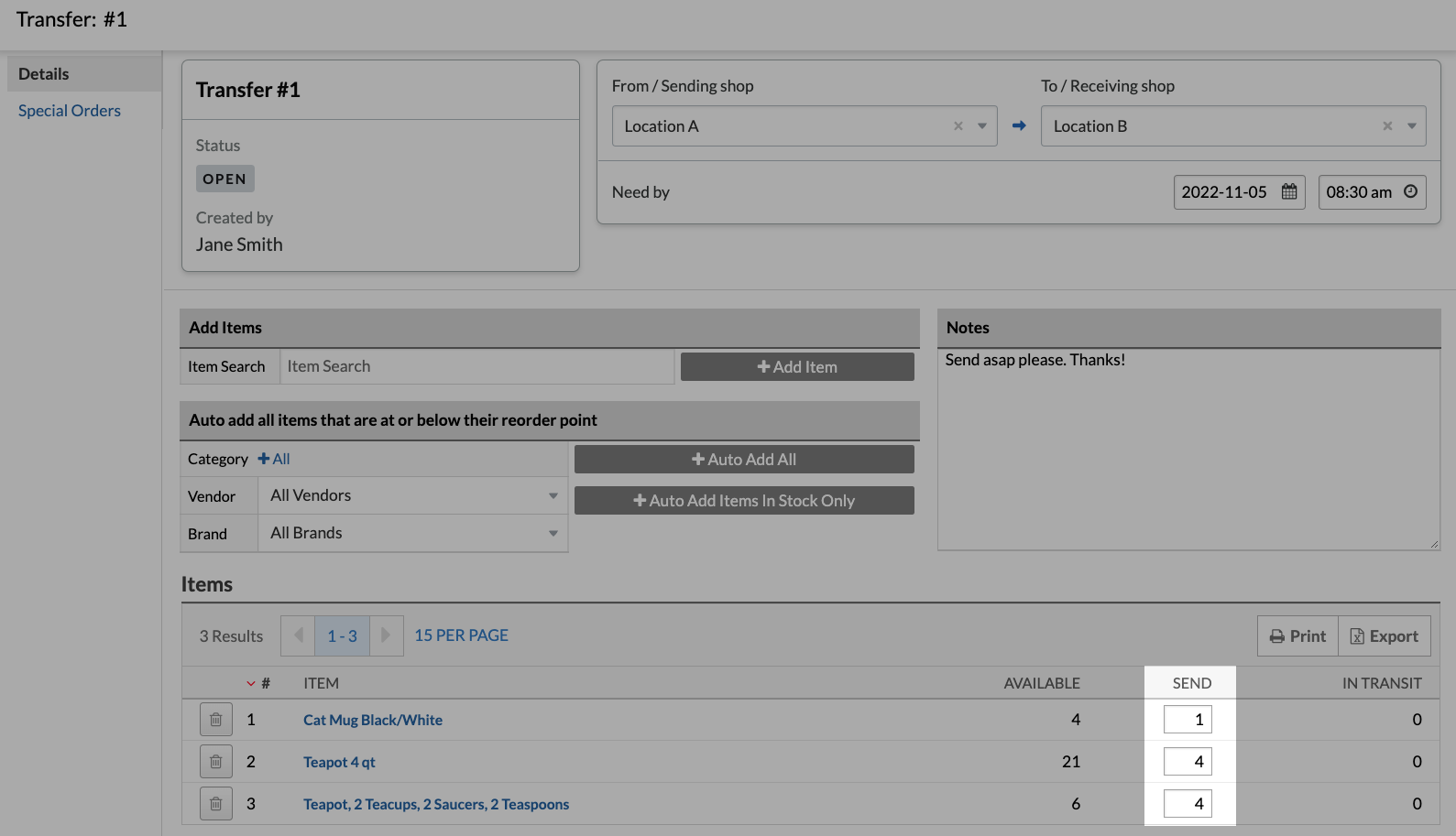 Transfer screen with the send input fields highlighted.