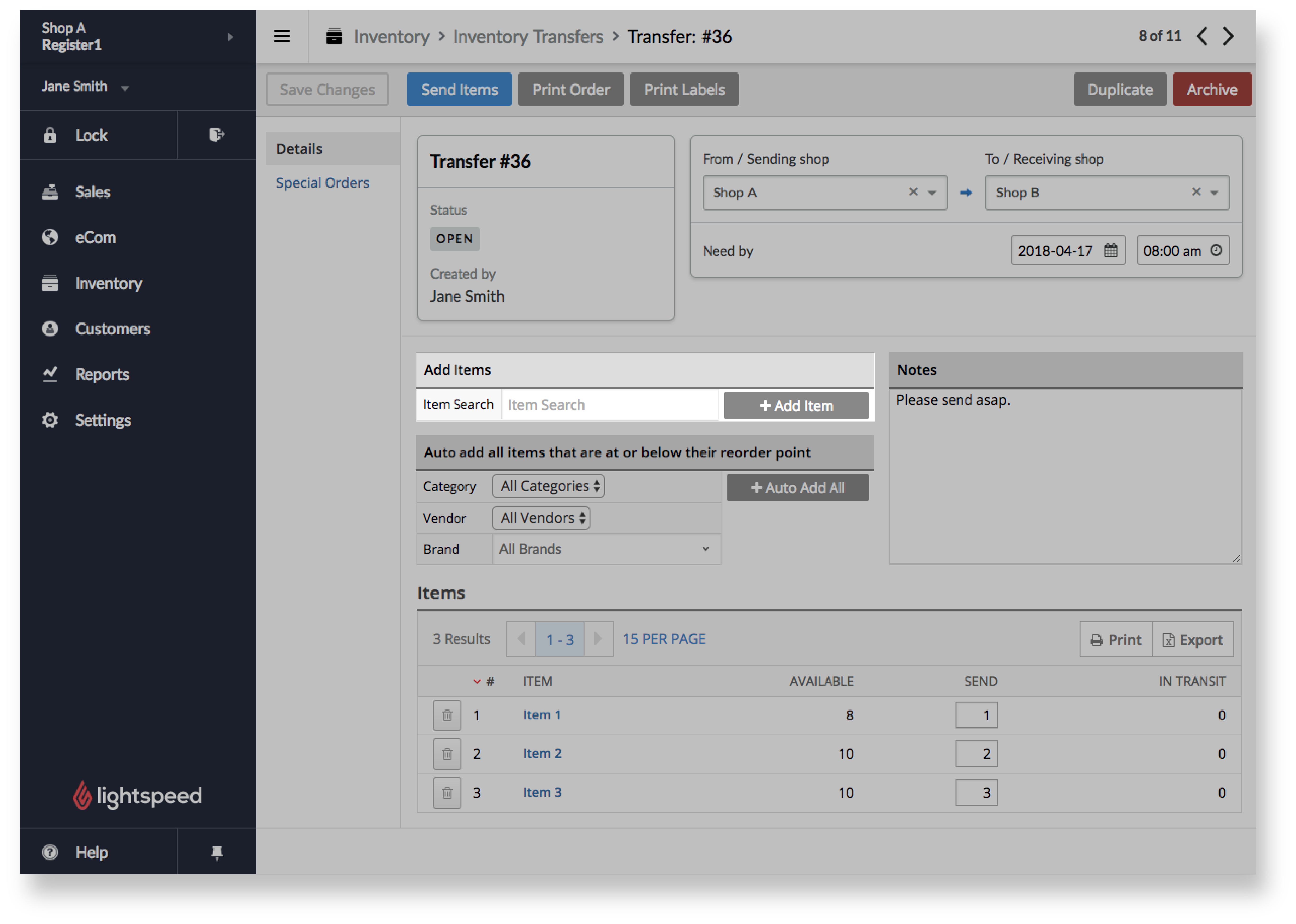 Transfer page with add items area highlighted.