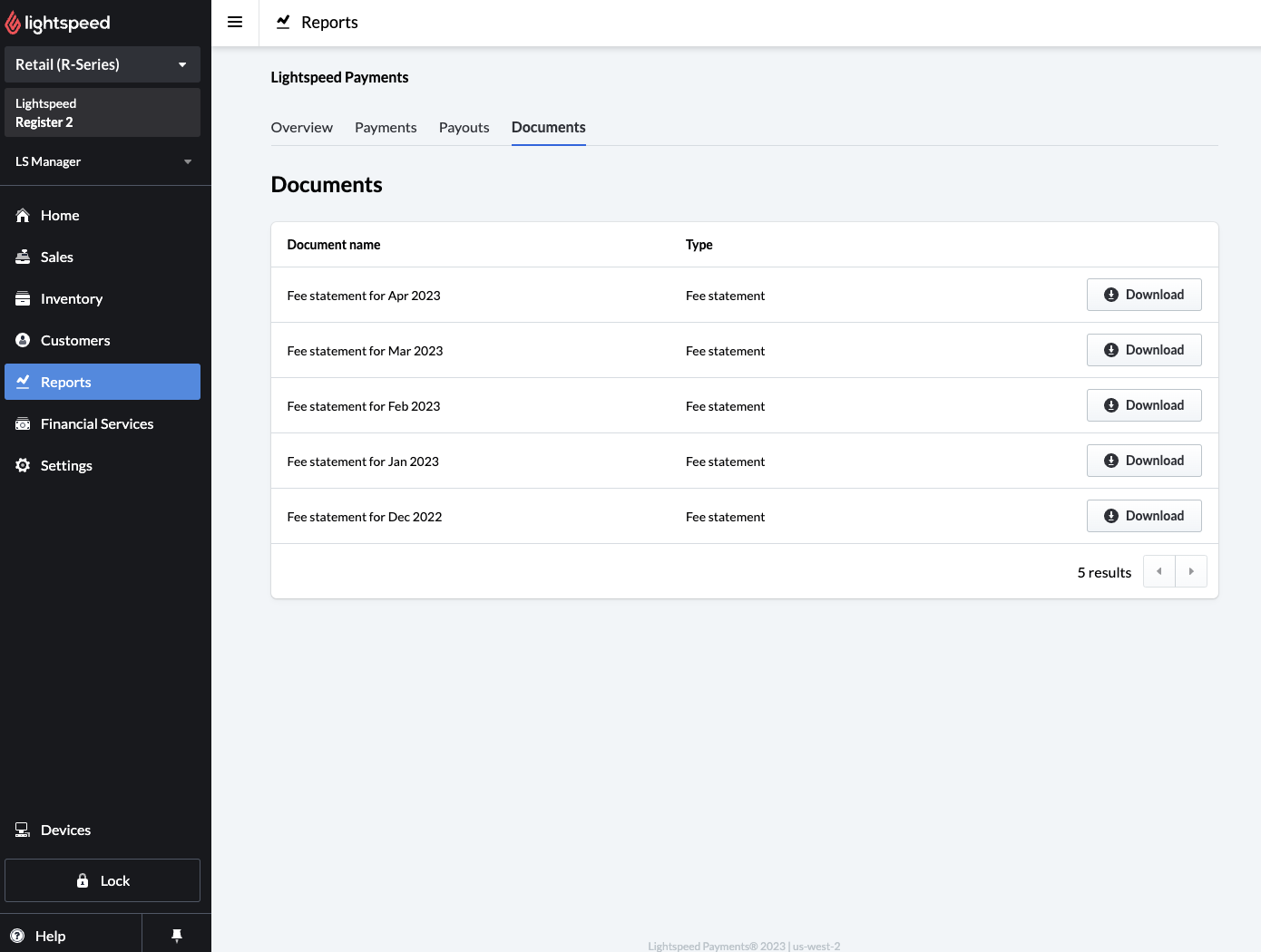 Image displays the Documents tab of Lightspeed Payments.