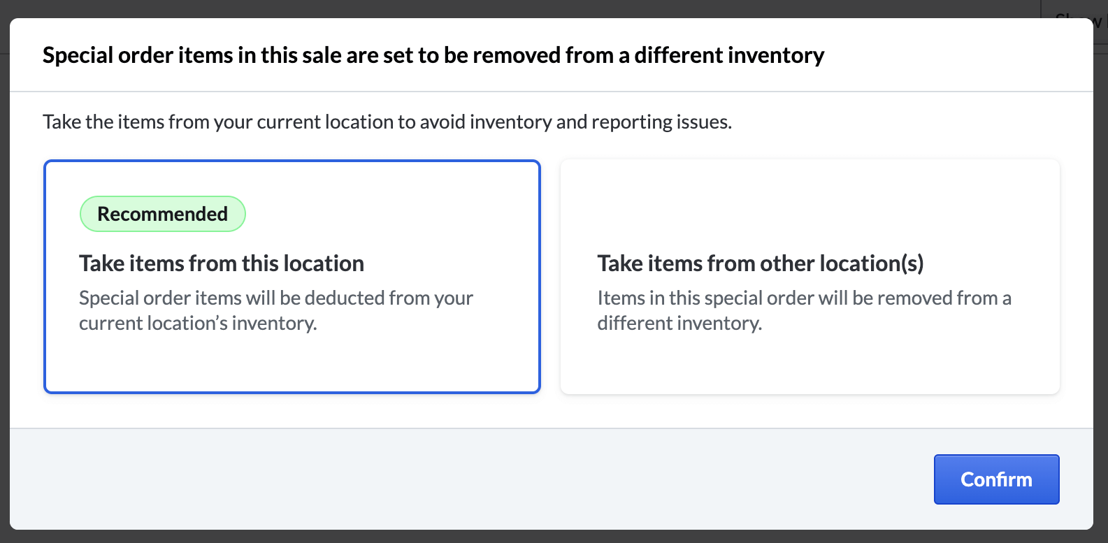 Pop-up explaining where inventory will be deducted from.