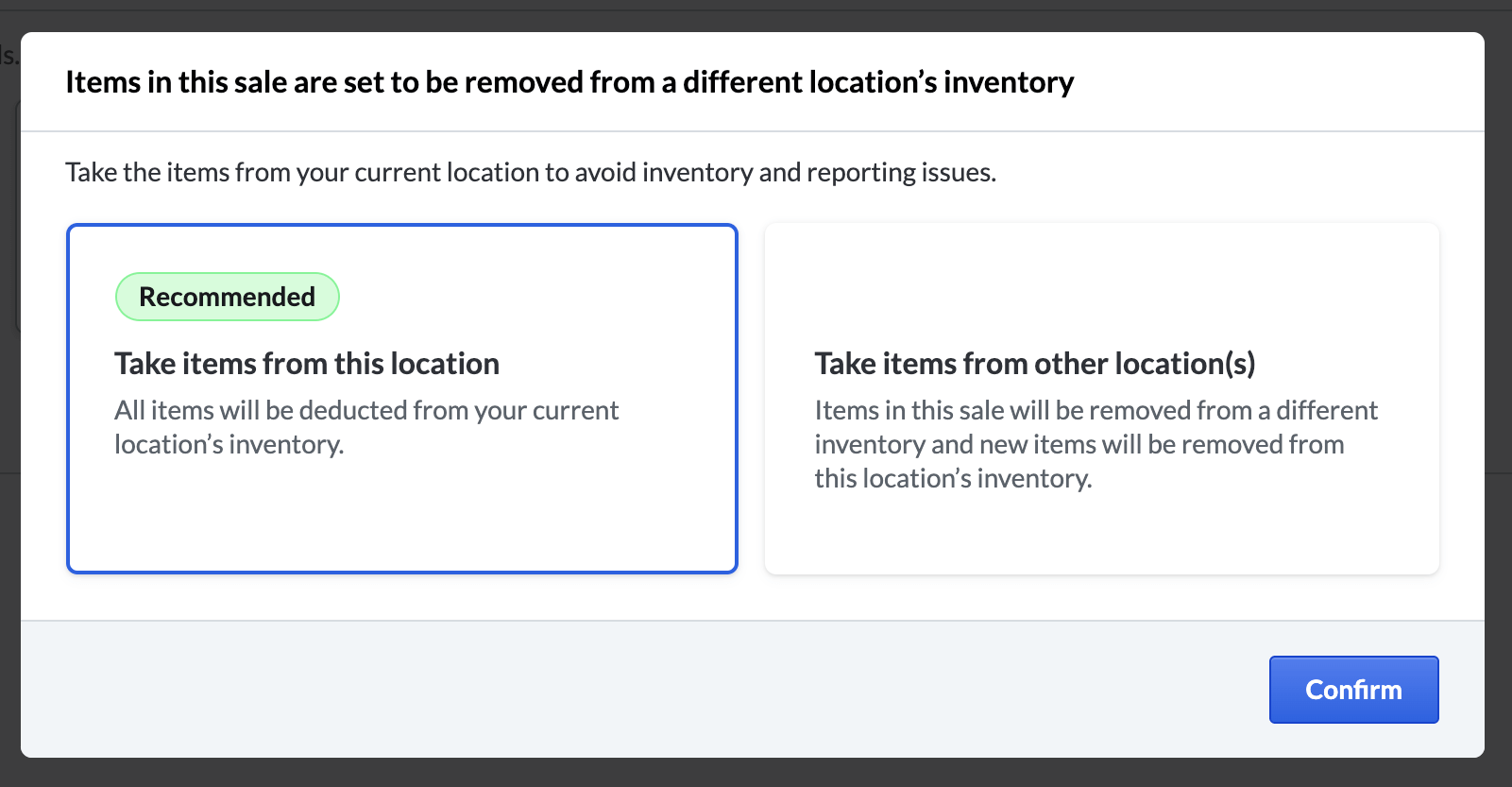 Pop-up explaining where inventory will be deducted from.