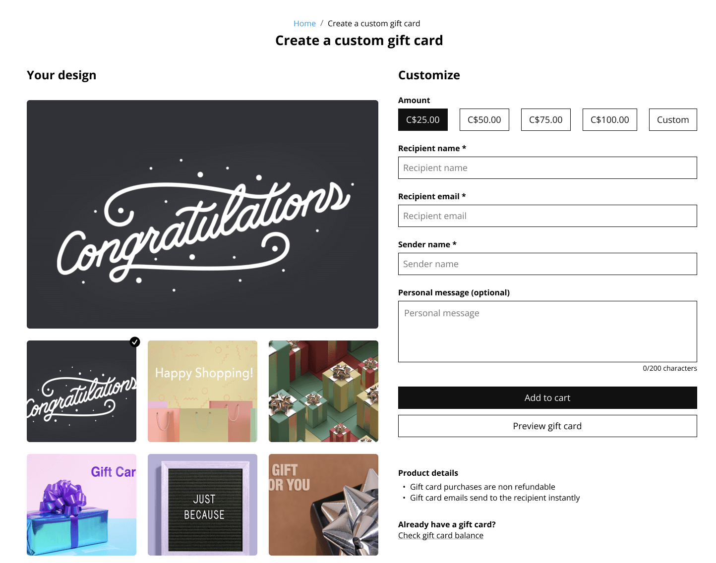 eCom gift card sell screen with fields to fill out personalized information.