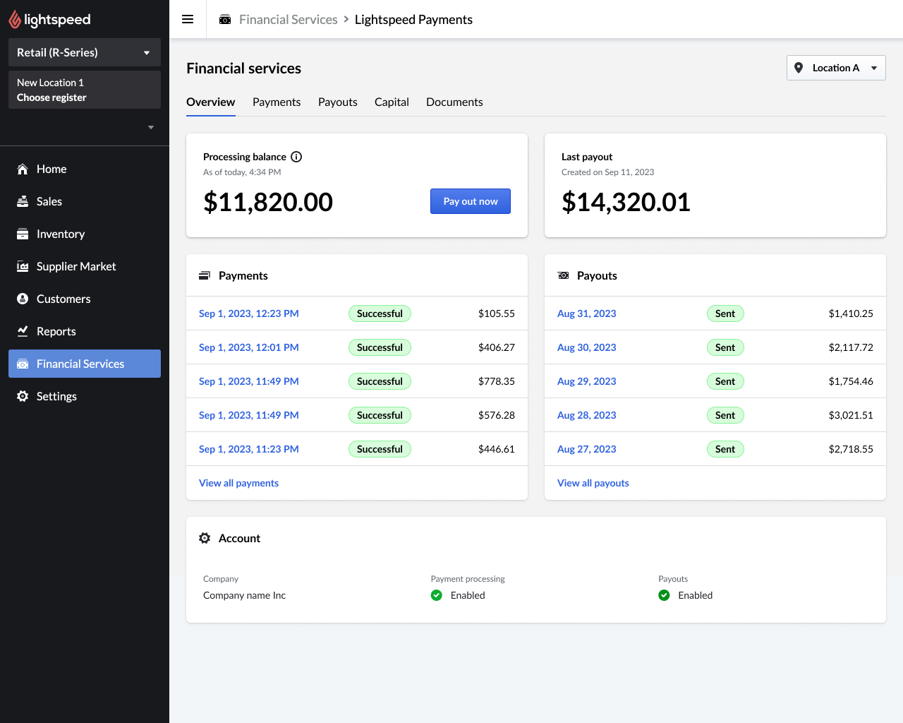 Image displays the Overview tab of the Lightspeed Payments report.