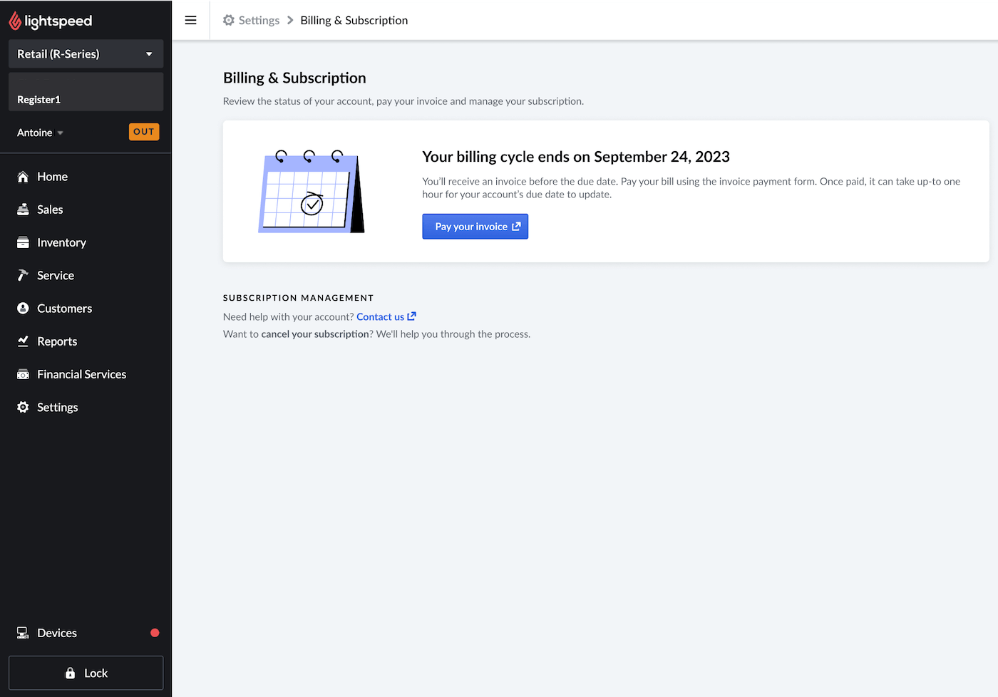 Billing and subscription page with banner indicating when your billing cycle ends.