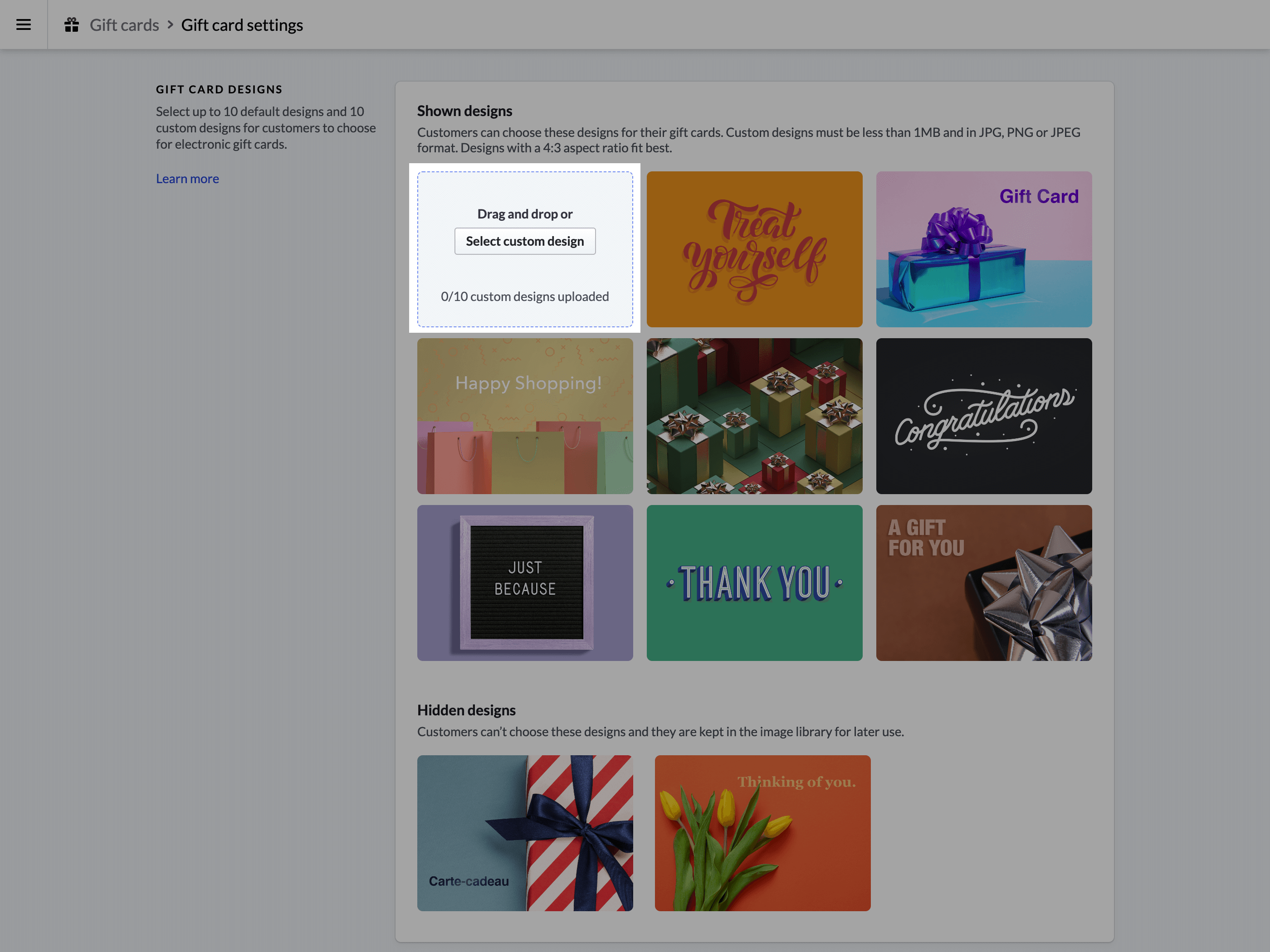 Gift card design section with option to add custom image highlighted.