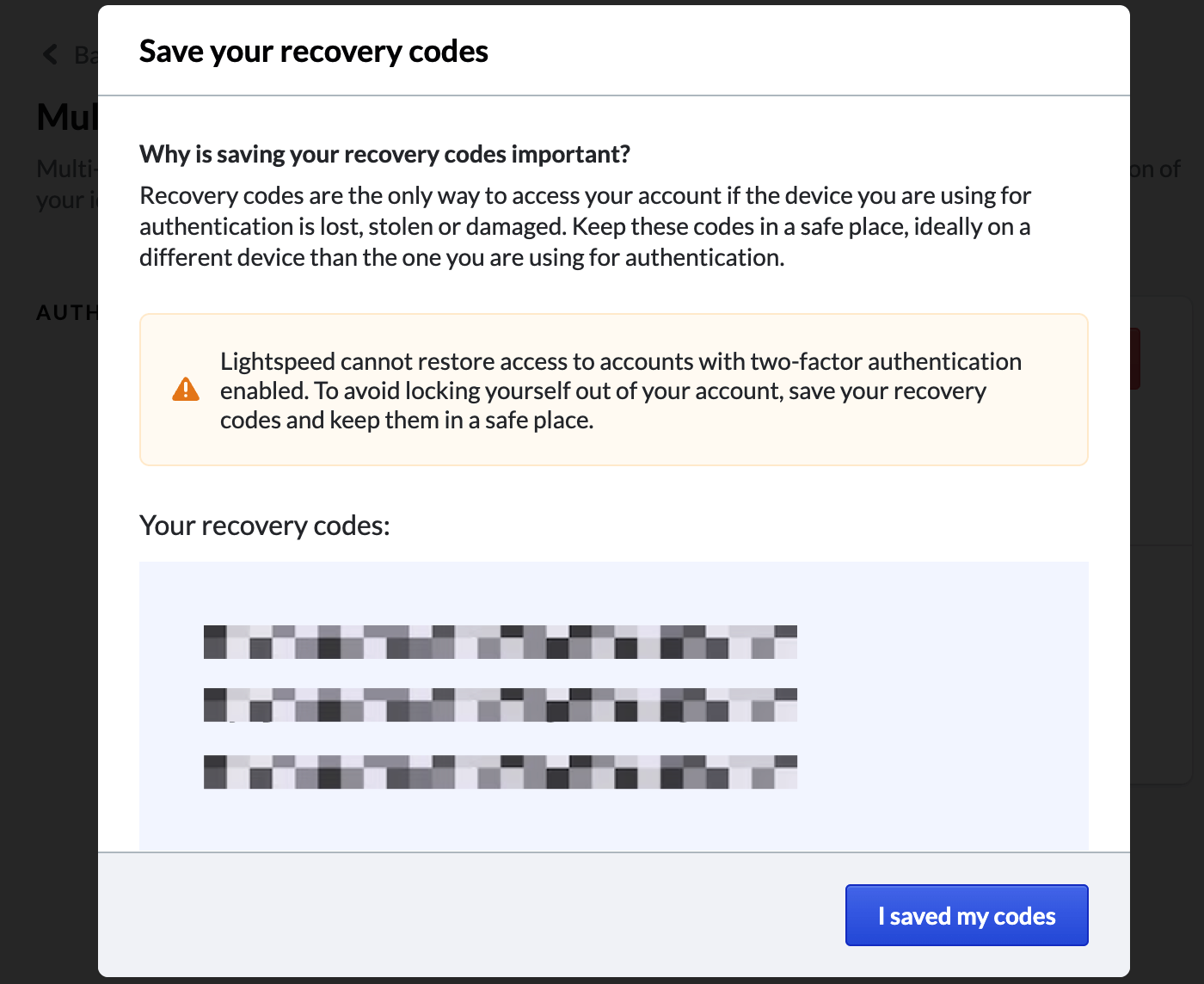 List of recovery codes.