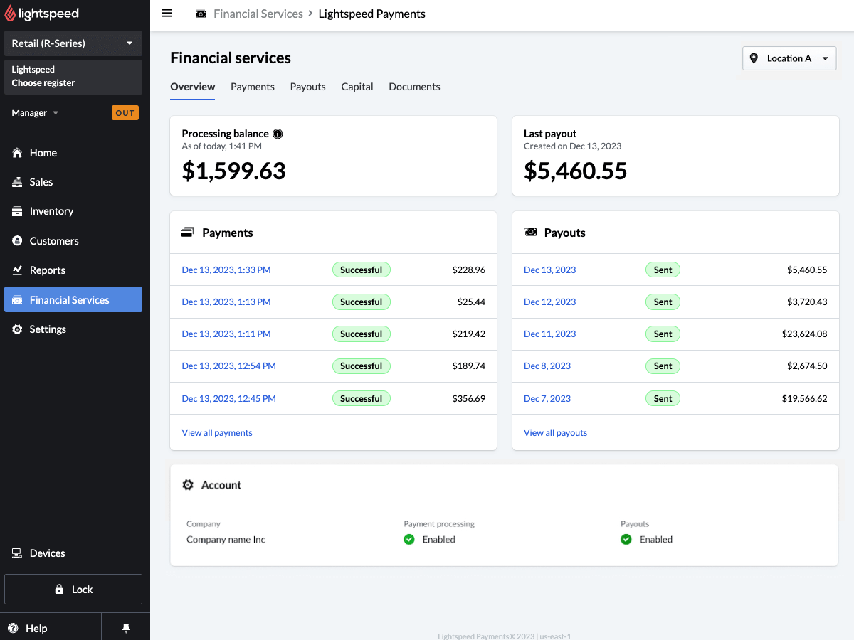Image displays the Lightspeed Payments Overview tab in Lightspeed Restaurant. There are five visible tiles, named Processing Balance, Last Payout, Payments, Payouts, and Account.