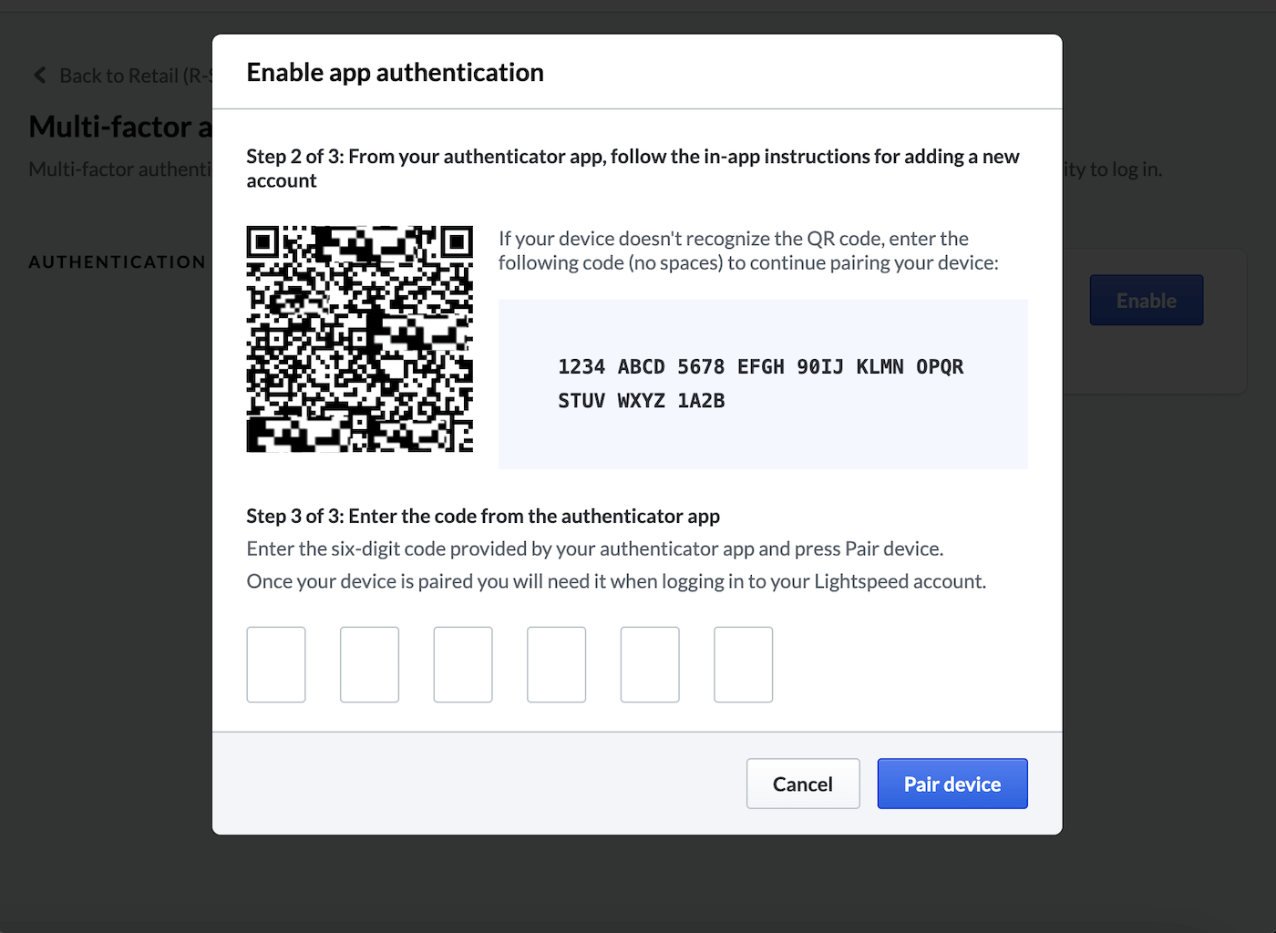 Modal with QR code and space to enter code provided by authenticator app.