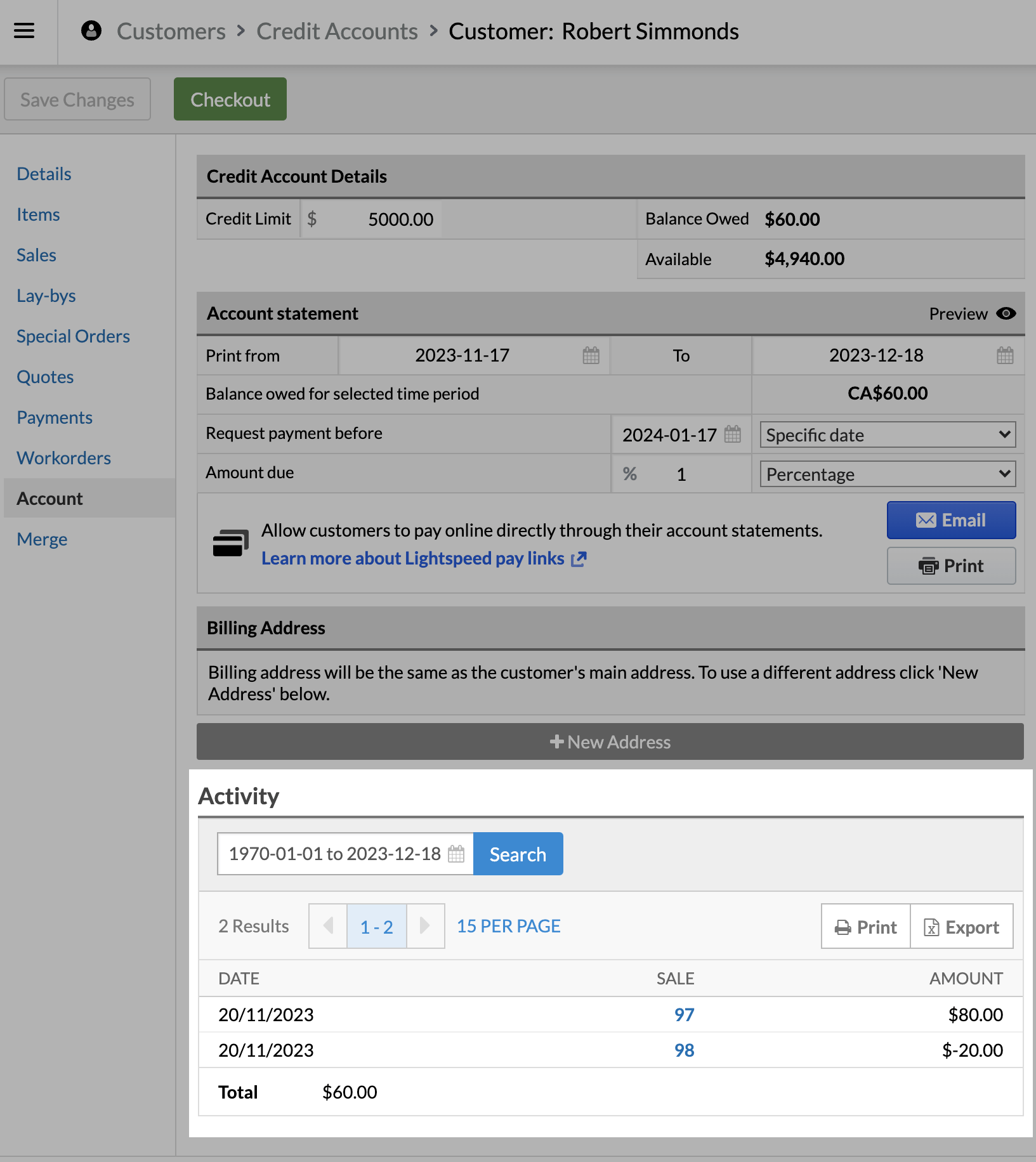 Credit account section showing transactions within a specified date.