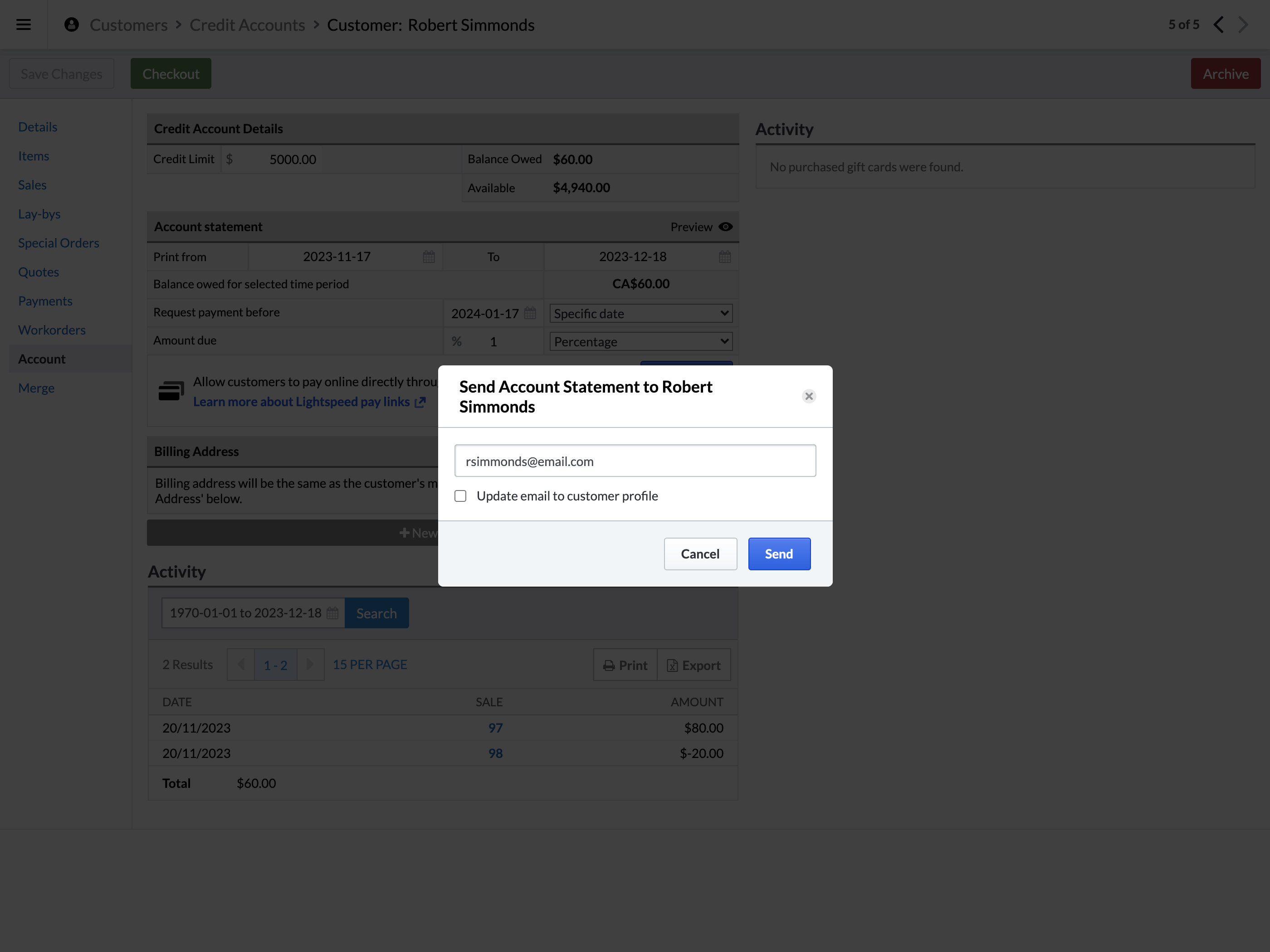 Sending an email invoice modal with field to fill in email address.