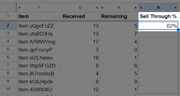 Spreadsheet with inventory listed and a column calculating sell-through percentages highlighted