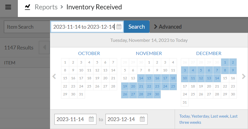 Inventory Received Report showing date range selection for reviewing stock