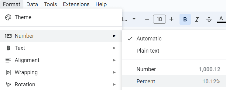 Dropdown menu in a spreadsheet to format cells with options including percentage