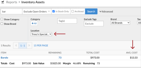 Inventory Assets window, with arrows pointing out the location and the average cost.