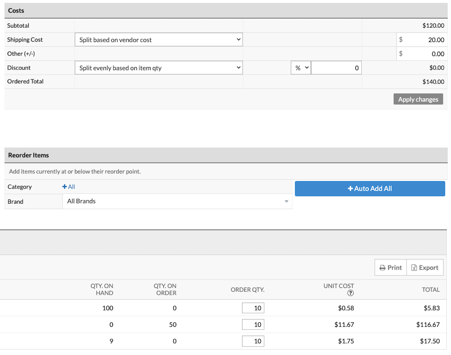 Section Coûts. L’option Split based on vendor cost (diviser en fonction du coût du fournisseur) est sélectionnée, et les totaux sont modifiés en conséquence.