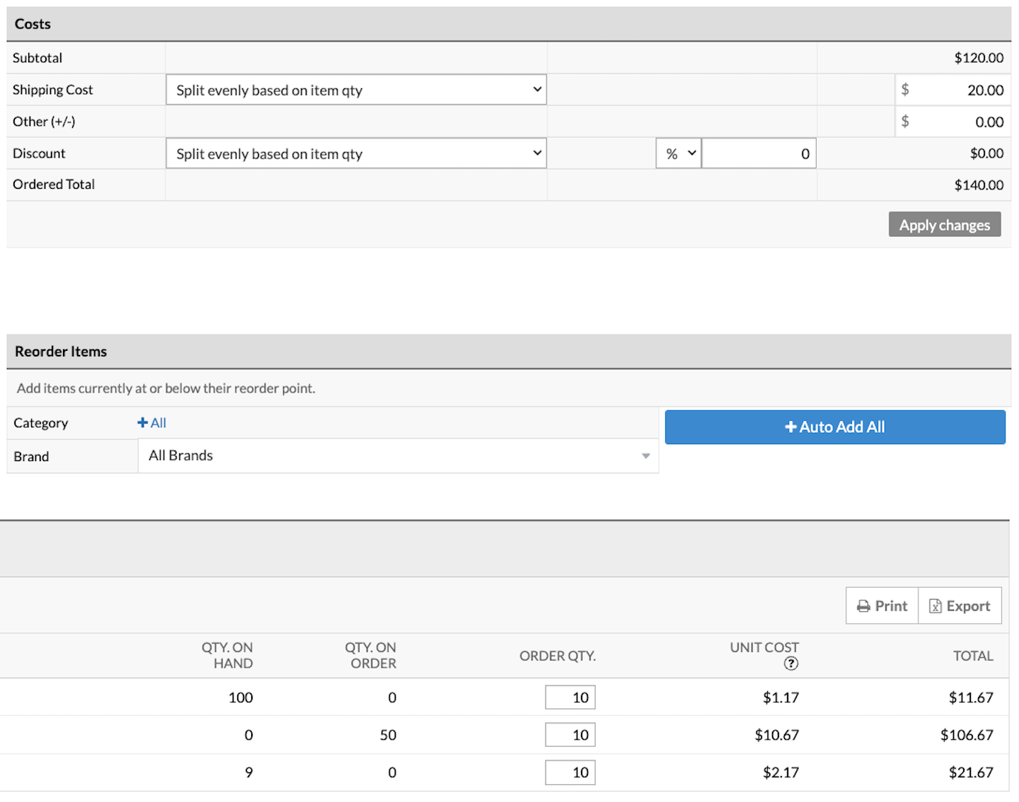 Section Coûts. L’option Split evenly based on item quantity (diviser en parts égales en fonction de la quantité d’articles) est sélectionnée.