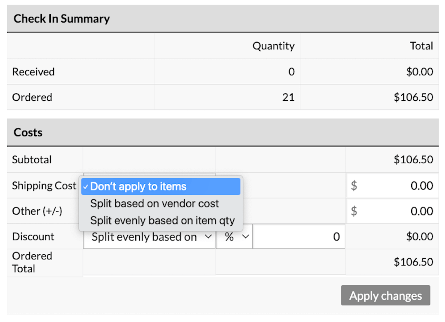Shipping cost drop-down list, showing options Don't apply to items, Split based on vendor cost, and Split evenly based on item quantity.