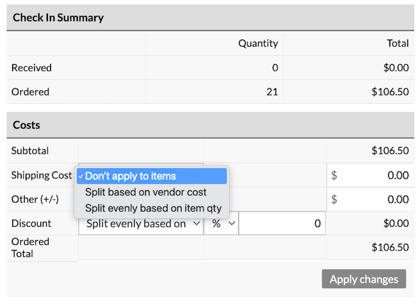 Menu déroulant des coûts d’expéditions, affichant les options d’expédition Don’t apply to items (ne pas appliquer aux articles), Split based on vendor cost (diviser en fonction du coût du fournisseur) et Split evenly based on item quantity (diviser en parts égales en fonction de la quantité d’articles)