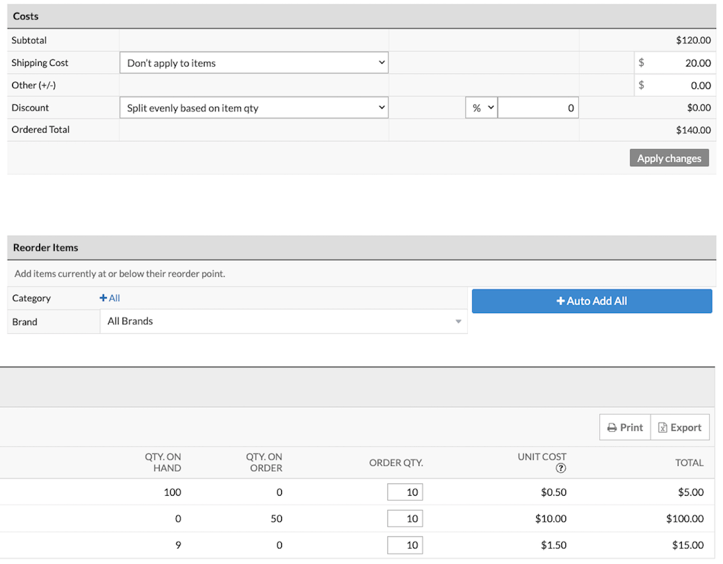 Costs section with Don't apply to items selected.