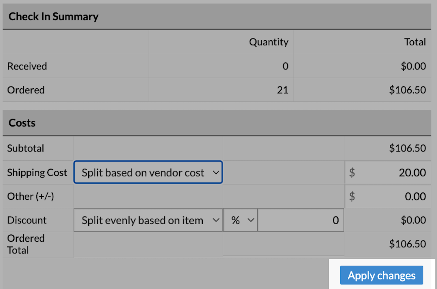 Costs section of the purchase order page with the Apply changes button emphasized.