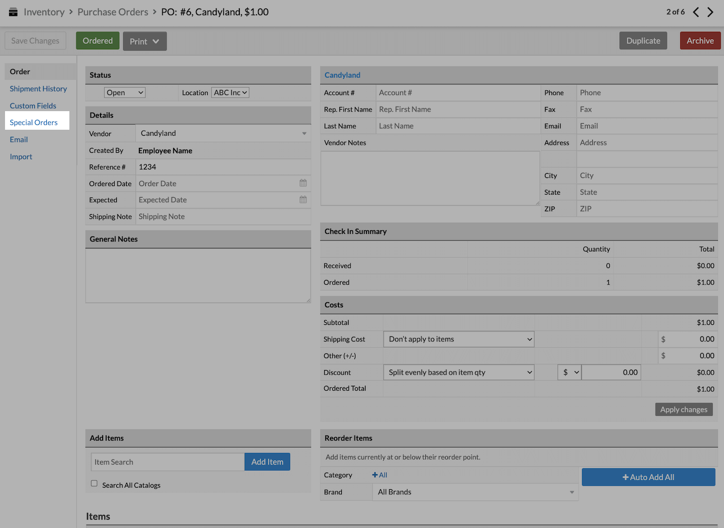 Page principale du bon de commande. L’onglet Commandes spéciales est mis en évidence.