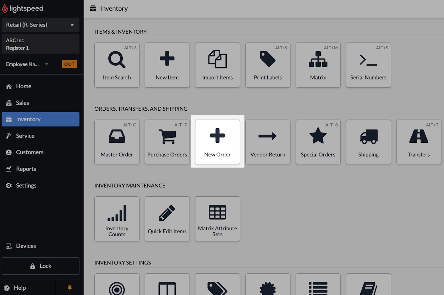 Inventory page with New Order button emphasized.
