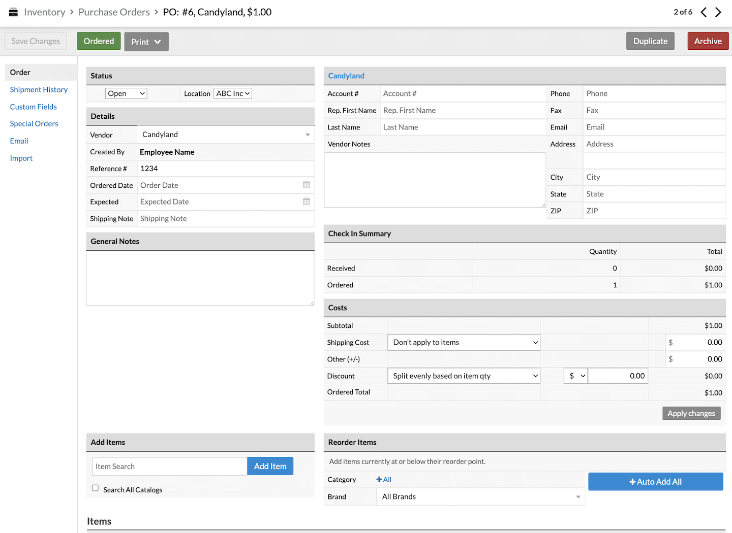 Main screen for the new purchase order, with sections for Status, Details, Vendor information, General Notes, Check In Summary, Costs, Add Items, and Reorder Items.