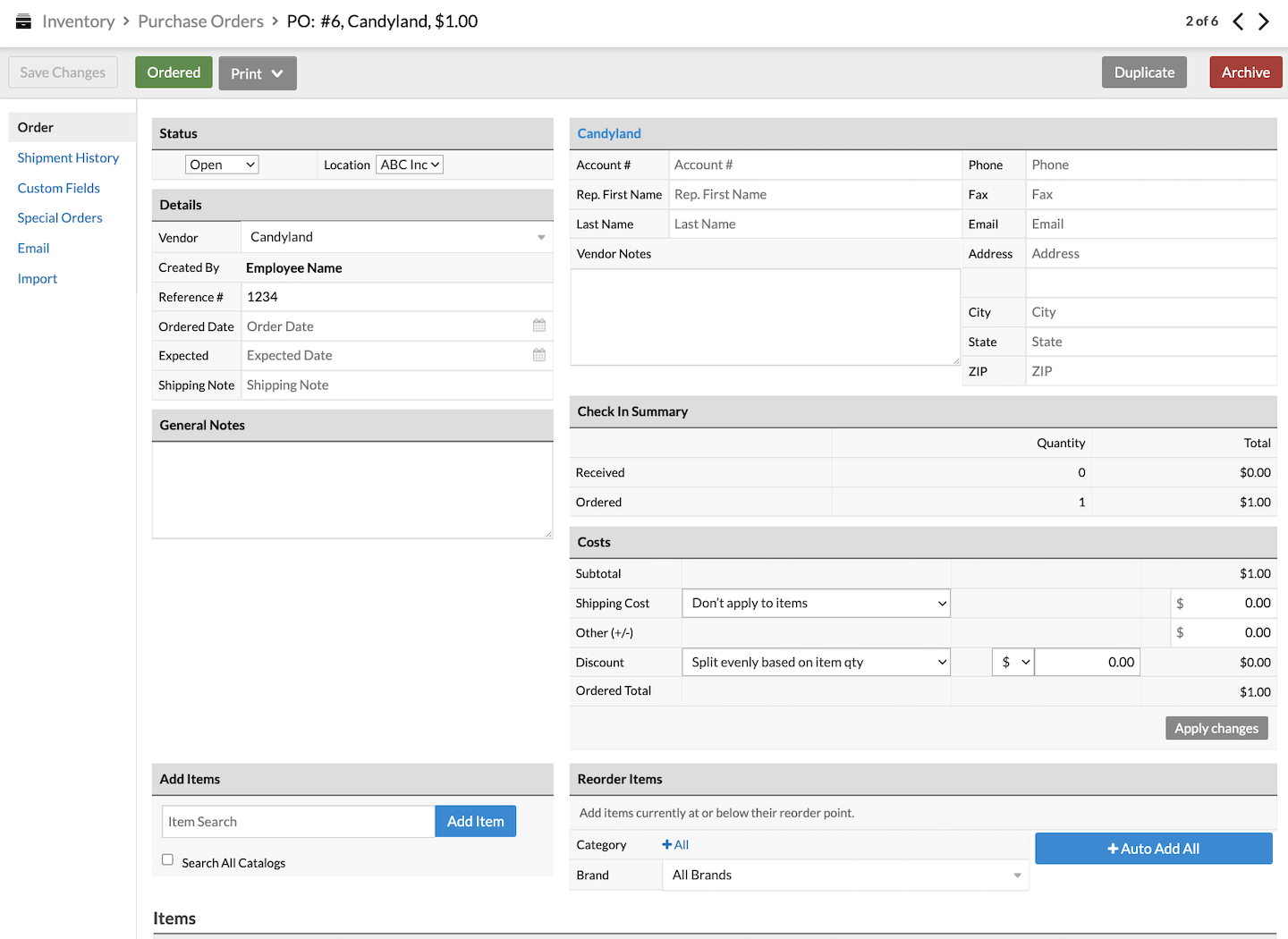 Hoofdscherm voor de nieuwe inkooporder, met onderdelen voor Status, Details, Leveranciersinformatie, Algemene opmerkingen, Samenvatting Check-in, Kosten, Items toevoegen en Items opnieuw bestellen.