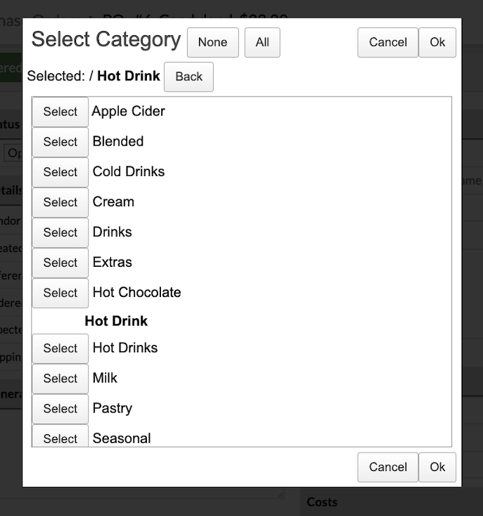 Pop-up window showing different categories for selection.