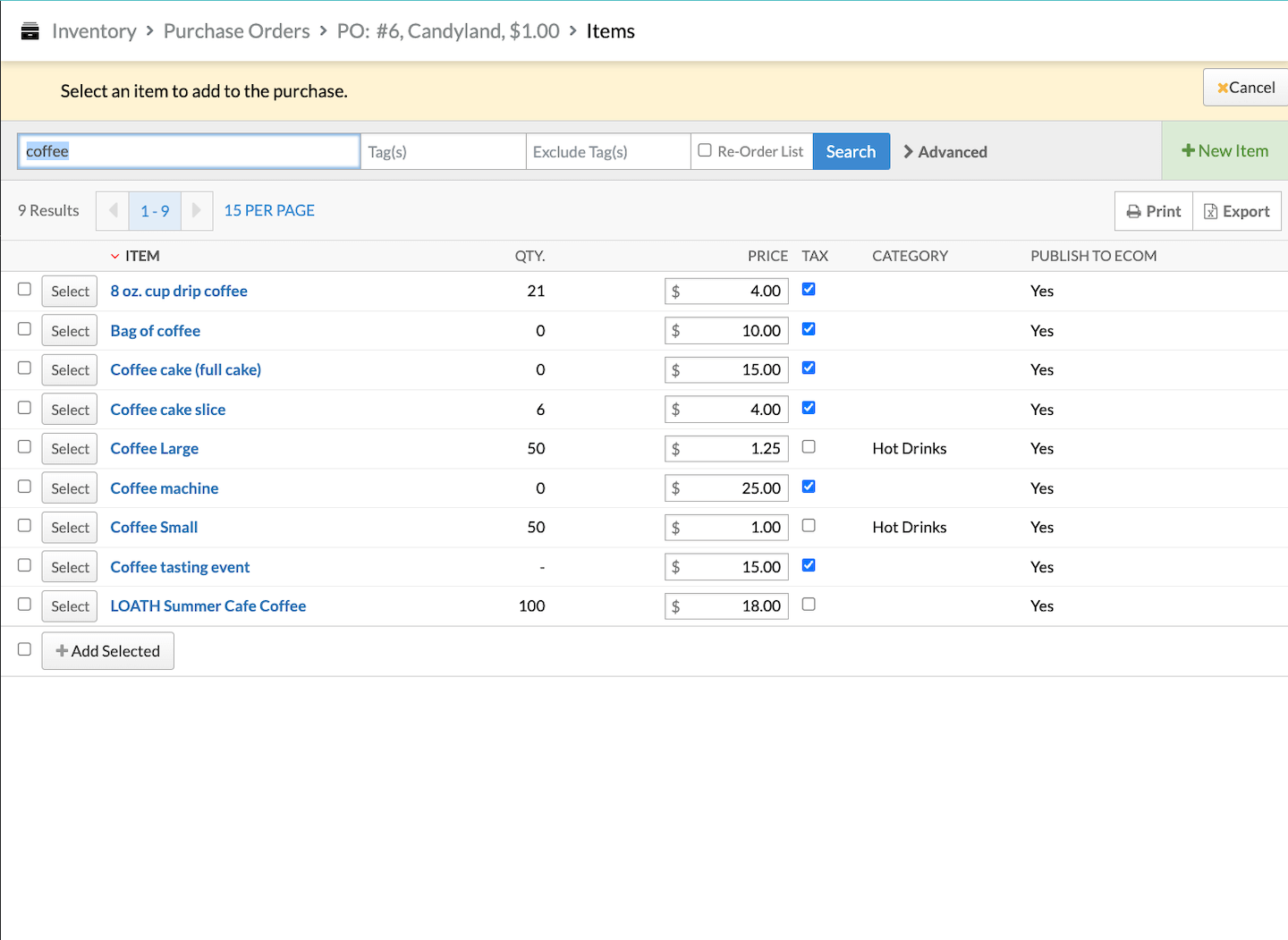 Page showing multiple item options based on the entered keyword.