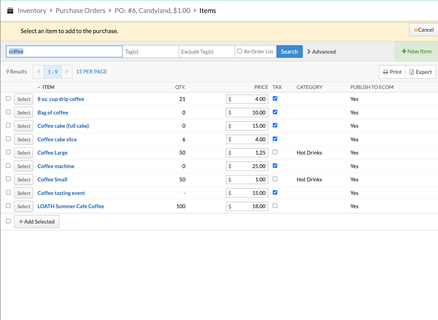 Pagina waarop diverse itemopties te zien zijn op basis van het ingevoerde trefwoord.