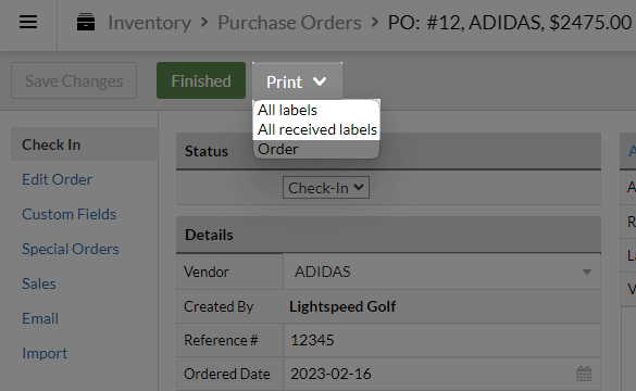 Détails du bon de commande mettant en évidence les options d’impression des étiquettes