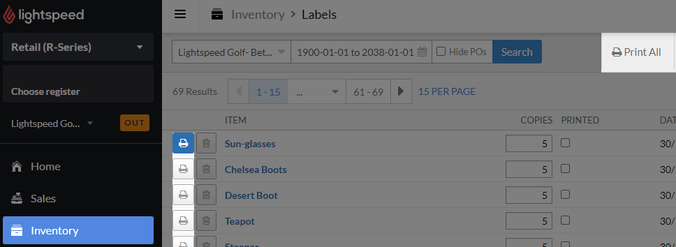 Example label queue highlighting Print all and Print buttons