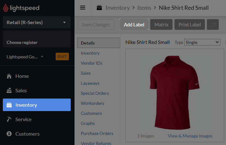 Product detail page highlighting Add Label button