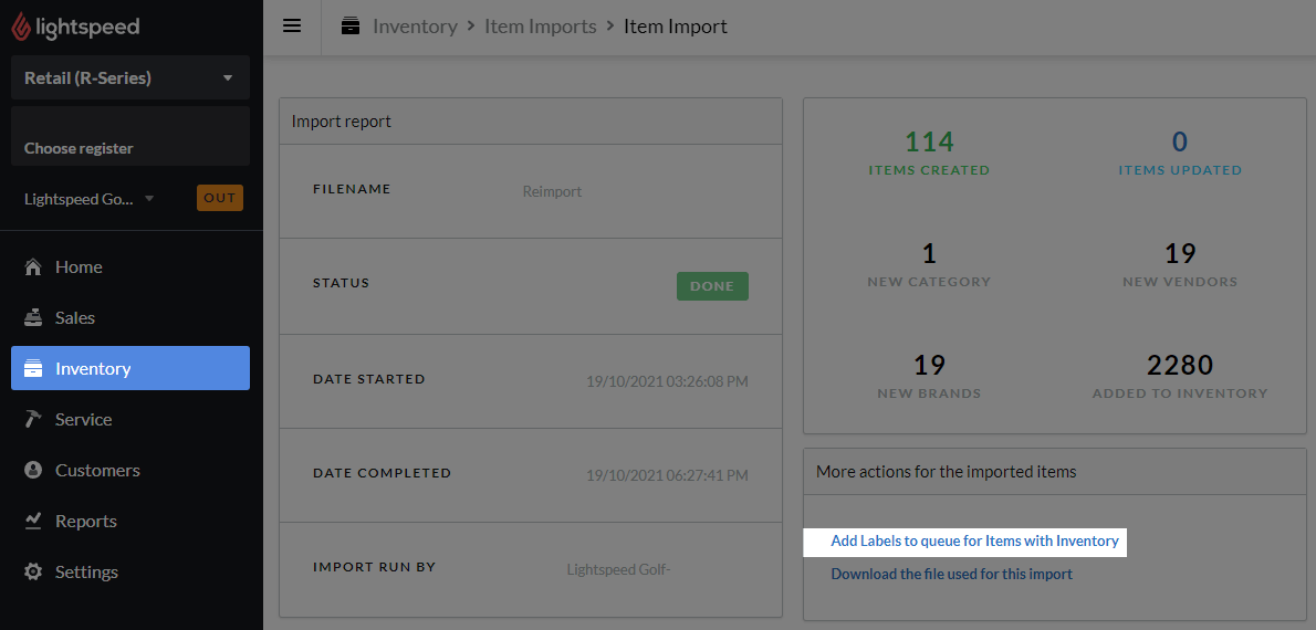 Details voltooide item-import, knop Labels van items met voorraad toevoegen aan printwachtrij gemarkeerd