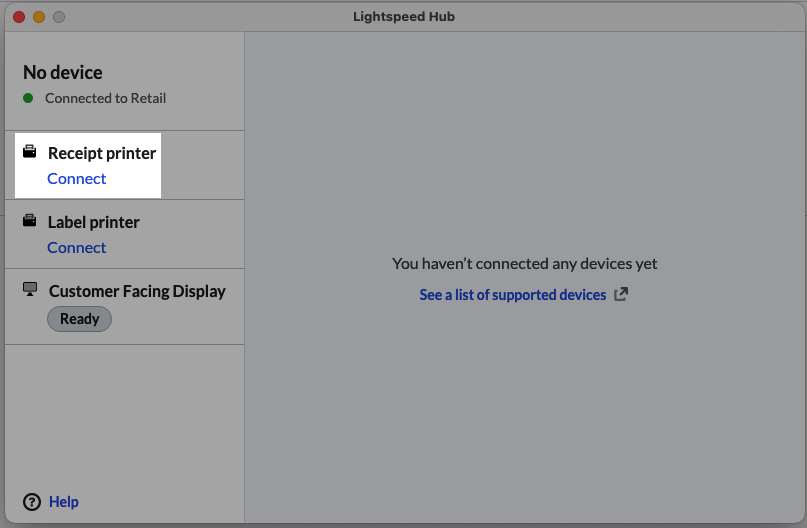 Lightspeed Hub, la possibilité de connecter l’imprimante de reçus est mise en évidence.