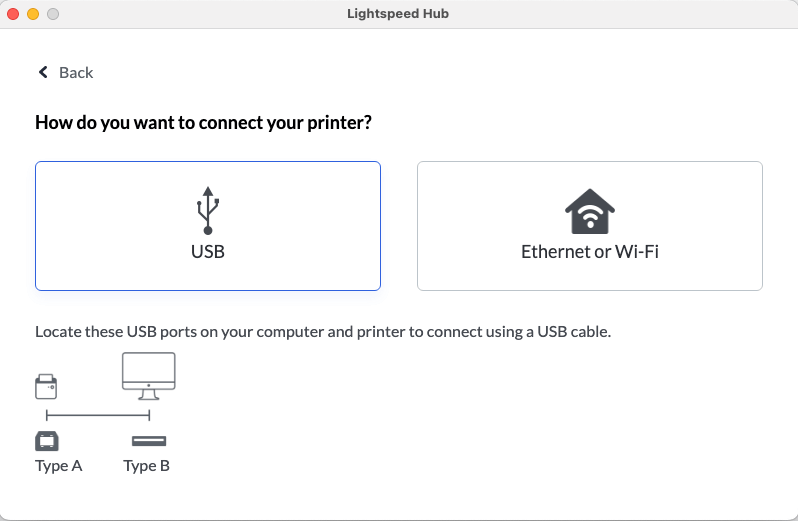 Concentrateur Lightspeed, l’option USB est sélectionnée.