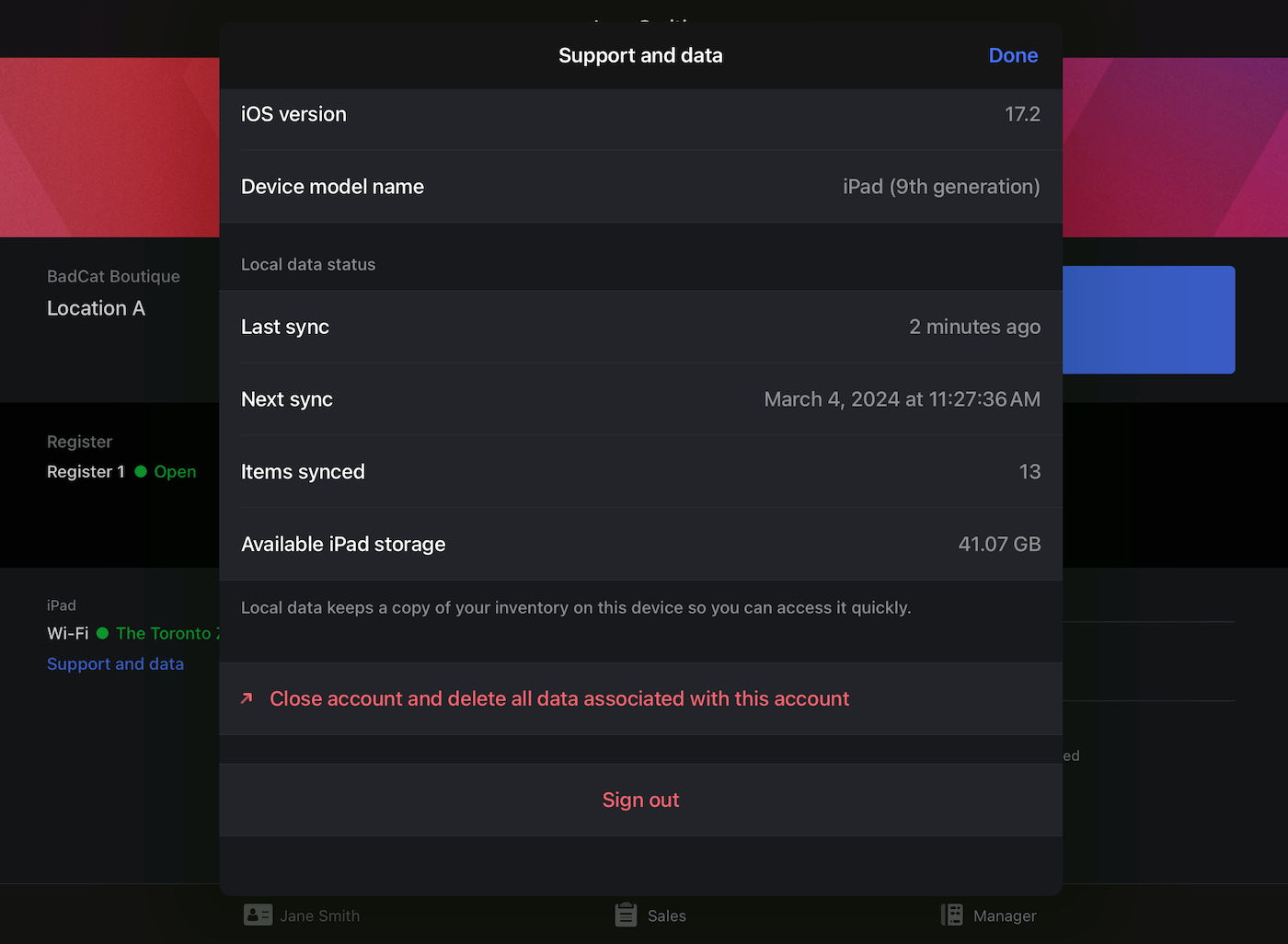 Support and data menu with sign out option.
