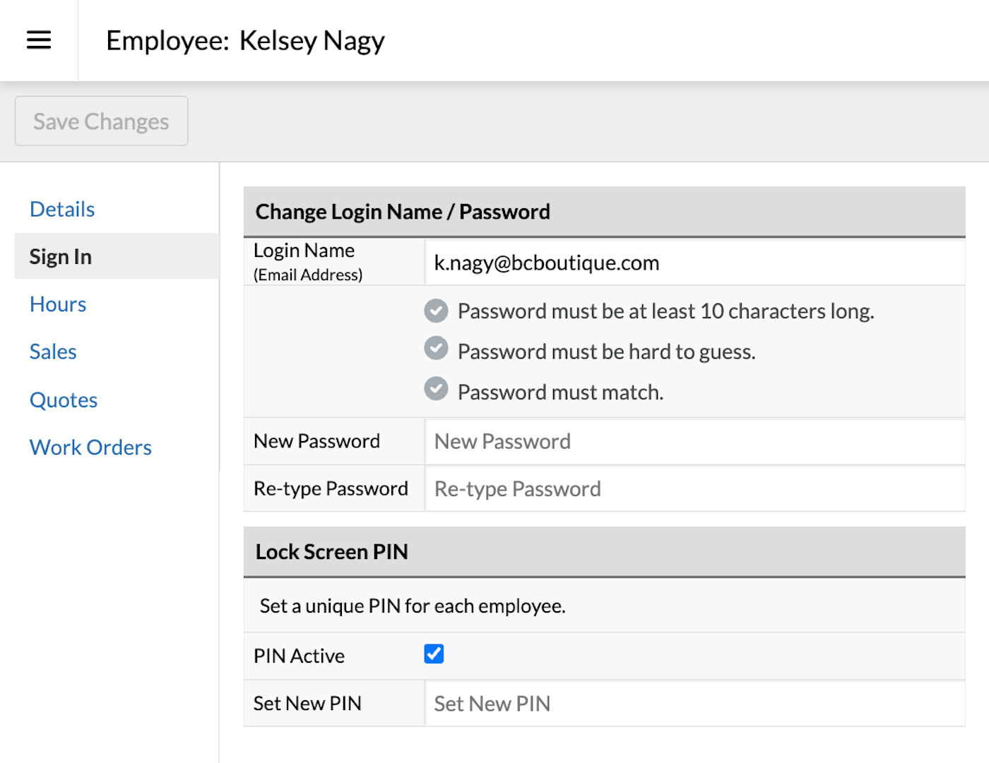 Employee page with fields to reset password and PIN.
