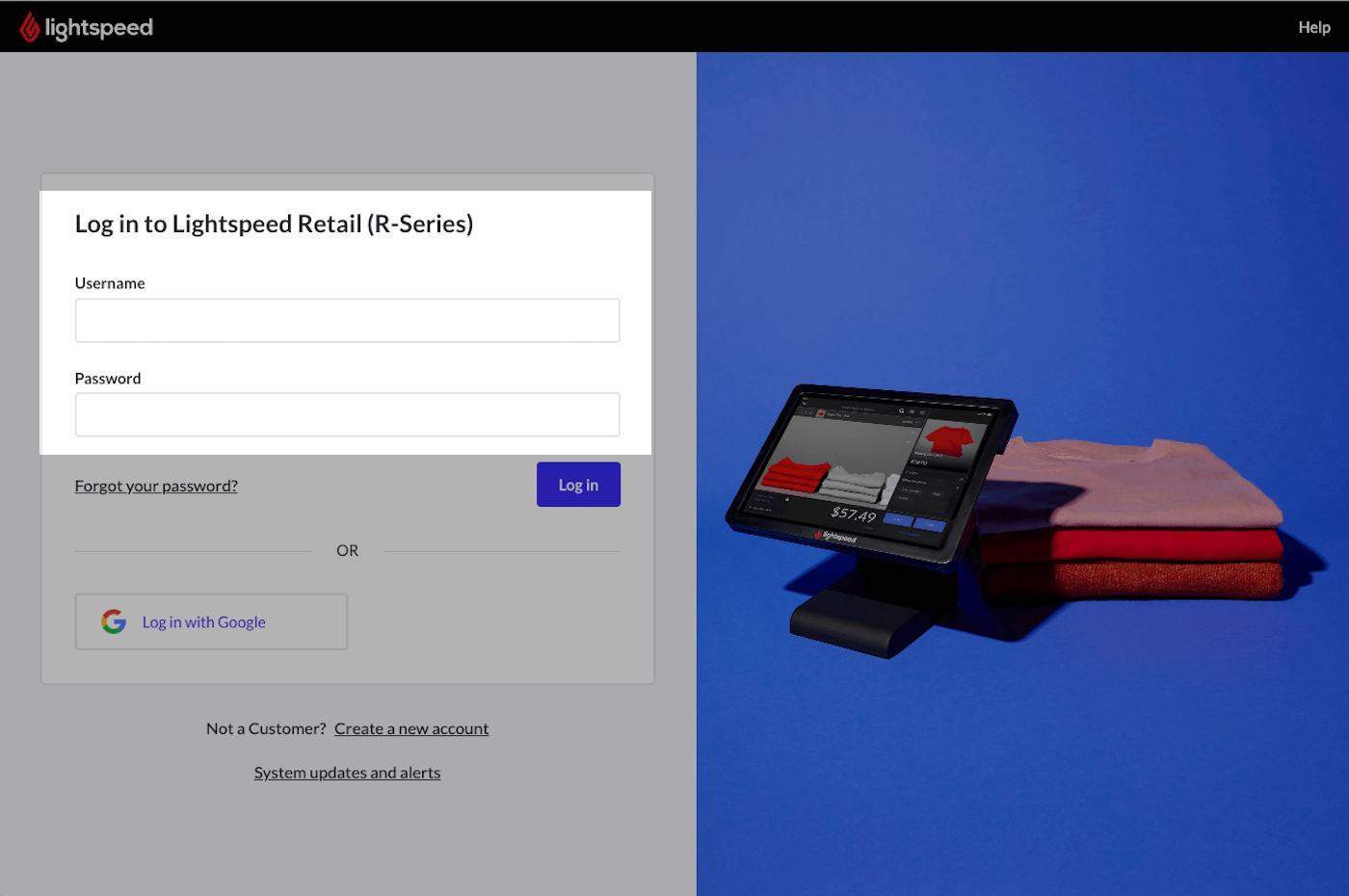 Retail POS login screen with username and password fields highlighted.