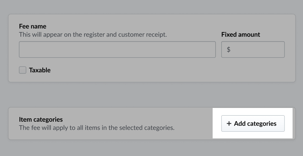 Add categories button on the New fee page