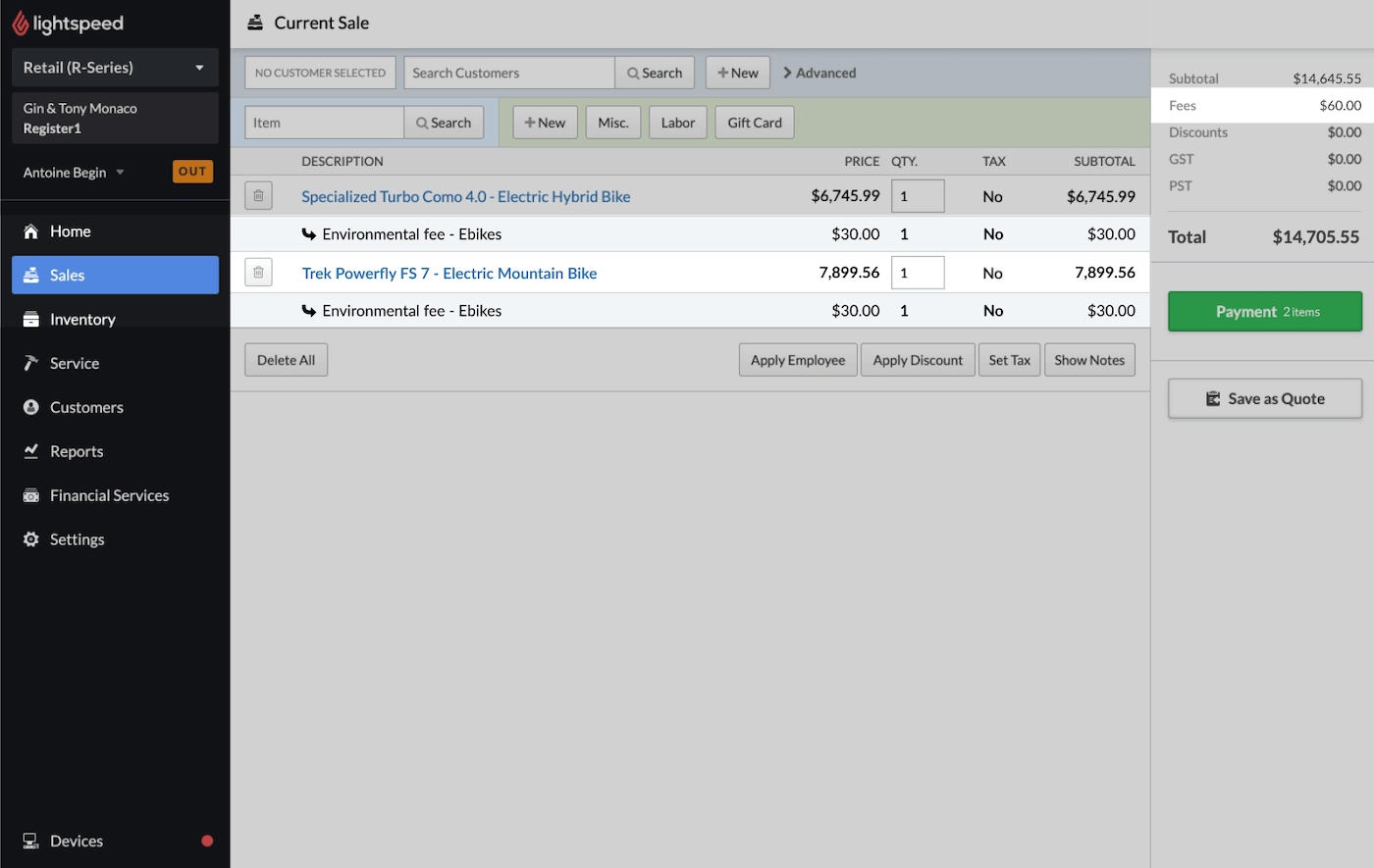 Breakdown of items and item fees during a sale