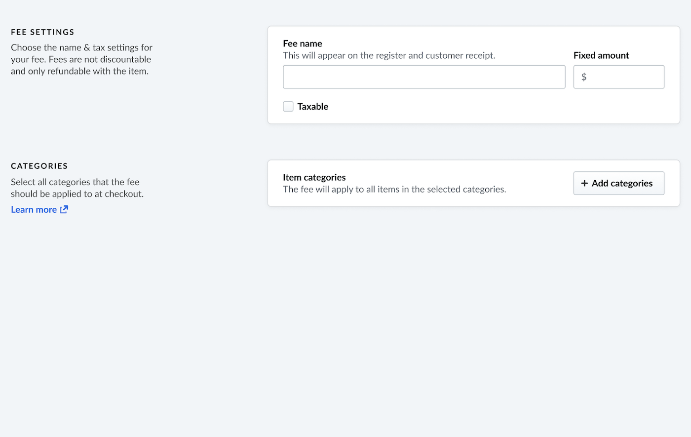 Fee name and Fixed amount fields on the New fee page