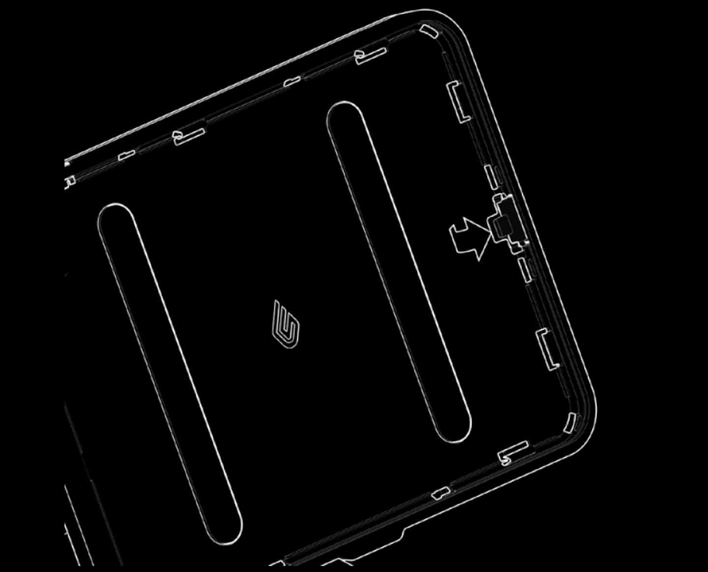 Illustration du support Lightspeed où le connecteur USB-C est indiqué par une flèche.