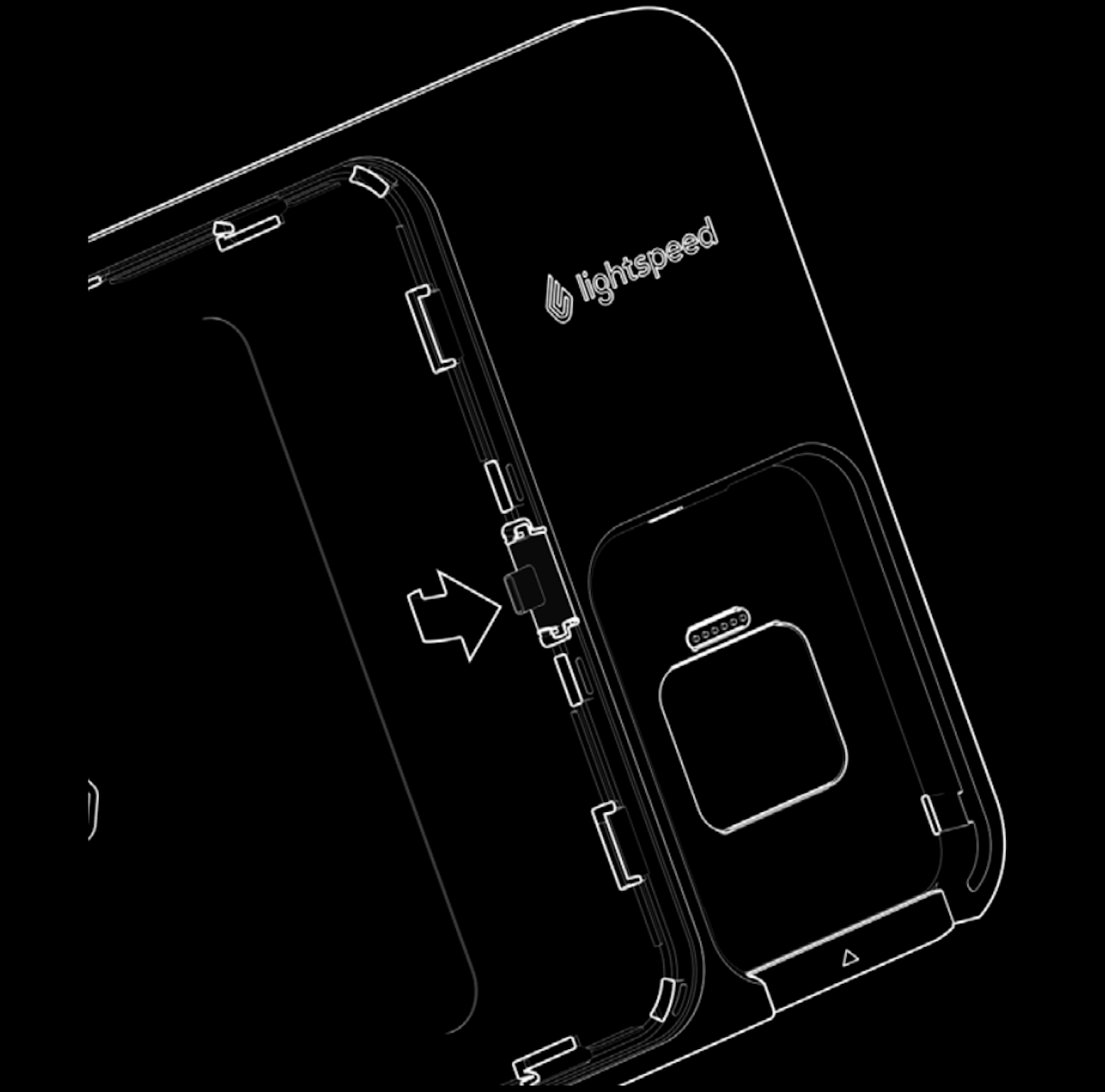 Illustration du support Lightspeed où le connecteur USB-C est indiqué par une flèche.